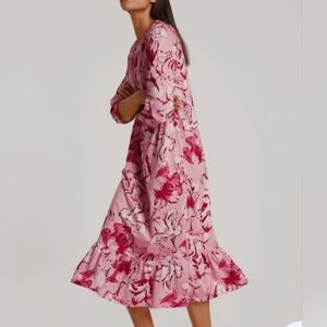 Calida Tulip Floral Pink 3/4 Sleeve Dress Sz M Coastal Midi Free Flow Dress